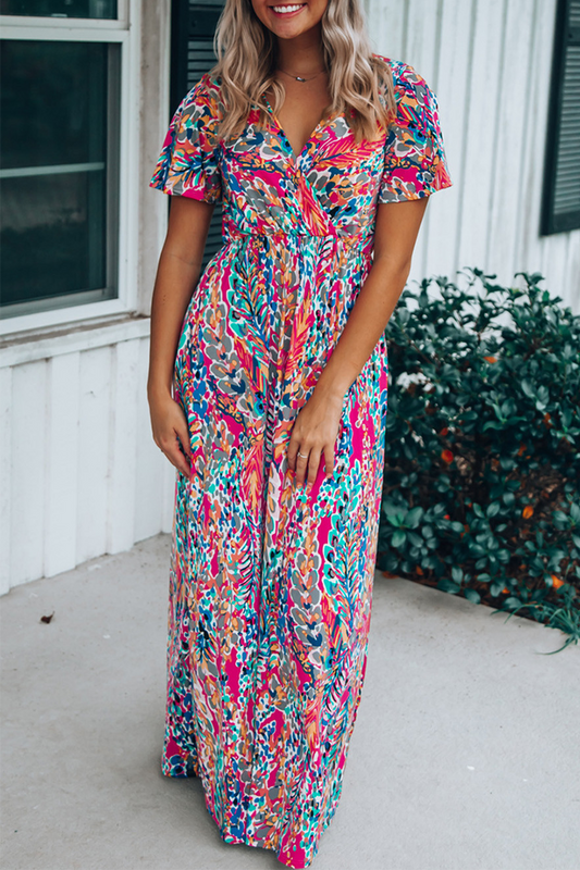 flowersverse Casual Print Patchwork V Neck Straight Dresses