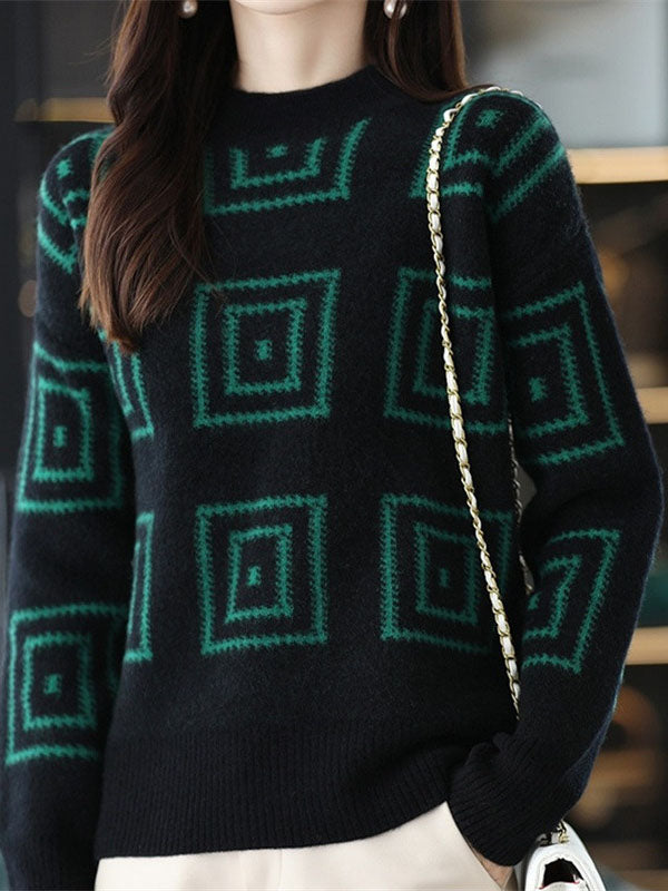 flowersverse Casual Long Sleeves Loose Contrast Color Plaid Stand Collar Sweater Tops