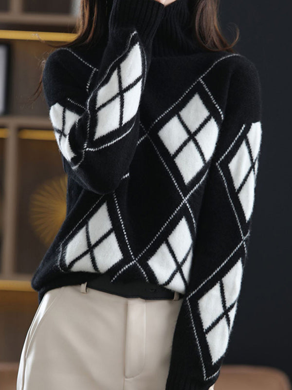 flowersverse Casual Long Sleeves Loose Plaid High-Neck Sweater Tops