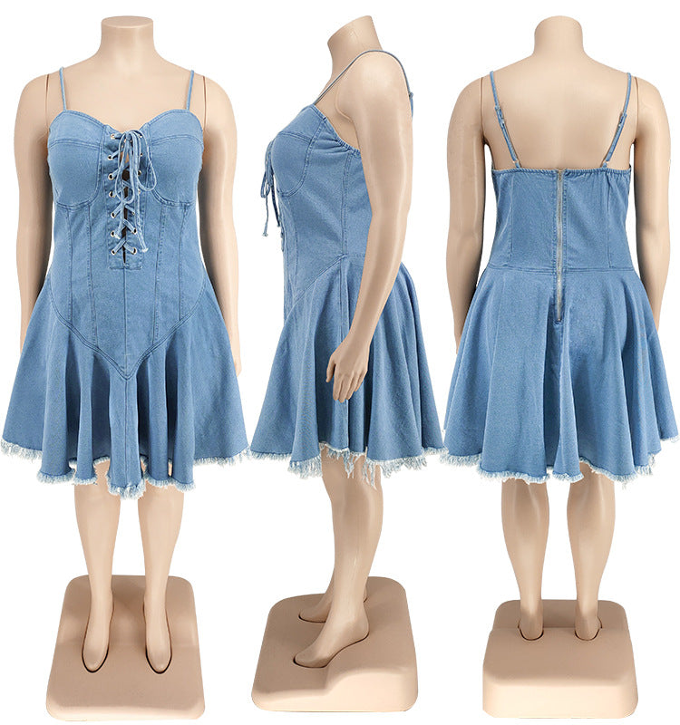flowersverse Plus Size Women's Spring Sexy Sleeveless Denim Dress