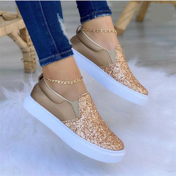 flowersverse Glitter Color Block Round Toe Flat Sneakers