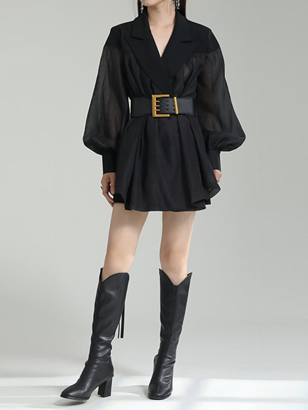 flowersverse See-Through Split-Joint Tied Waist Loose Puff Sleeves Lapel Blouses&Shirts Tops