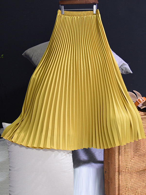 flowersverse Stylish Pleated Solid Color Elastic Waist Skirts