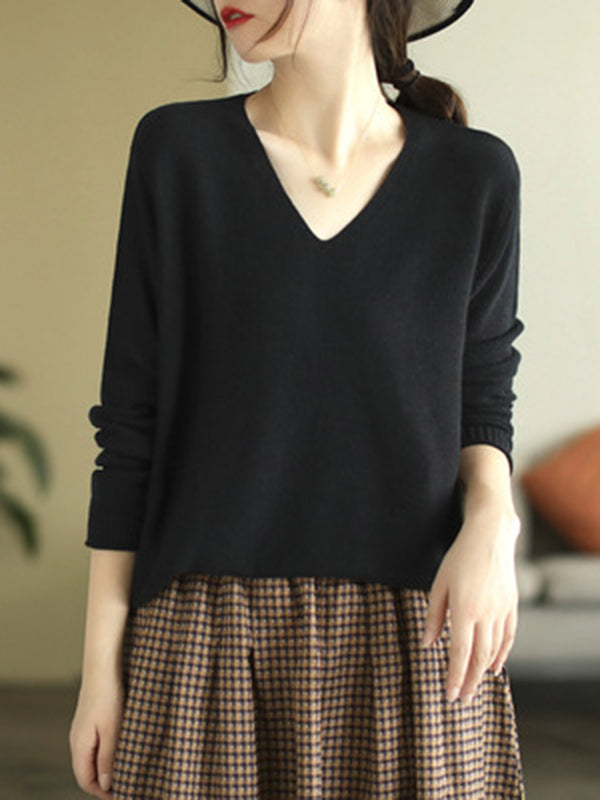 flowersverse Solid Color Long Sleeves Loose V-Neck Sweater Tops
