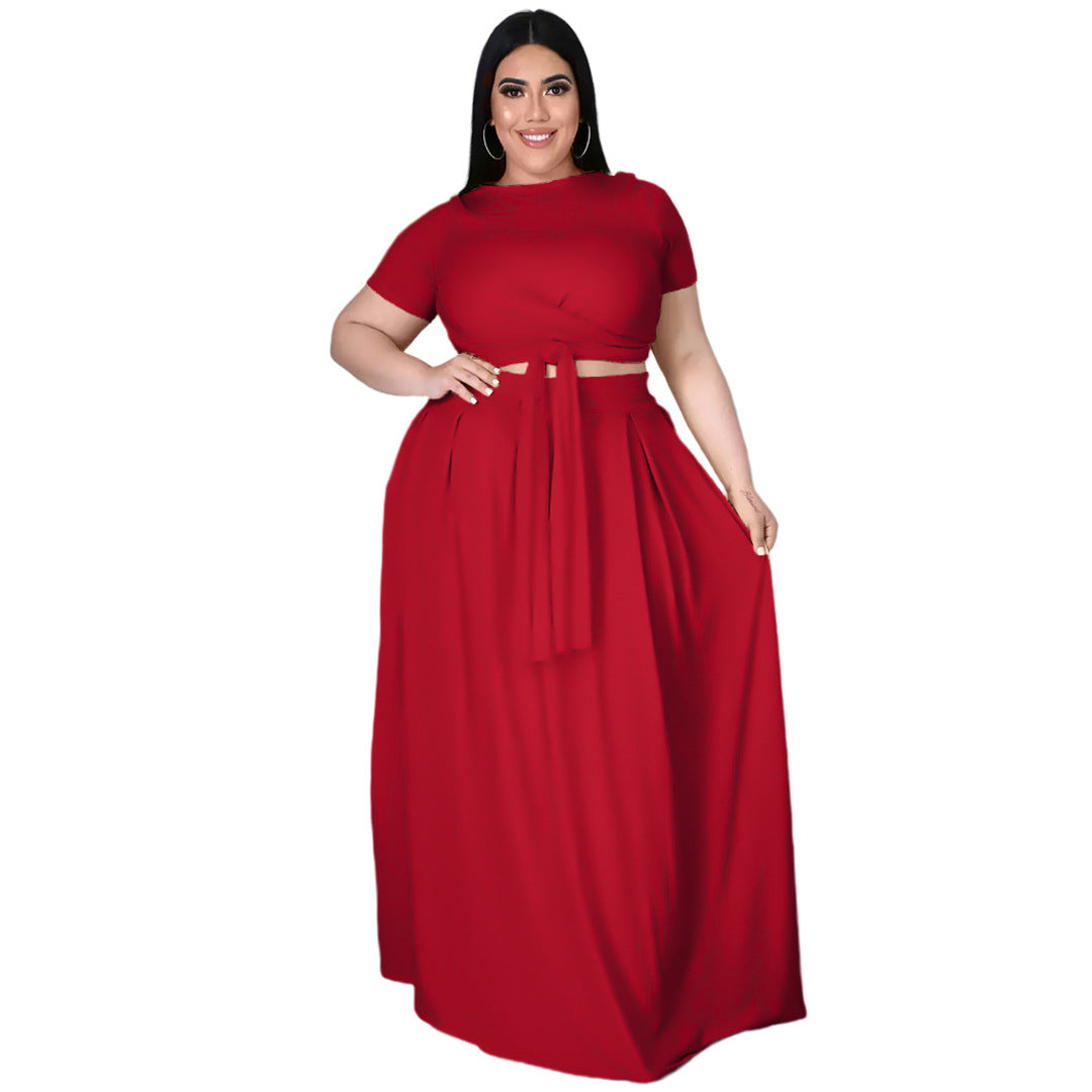 flowersverse Lady Fashion Plus Size Women Solid Color Cross Lace-up Large Swing Two-piece Skirt
