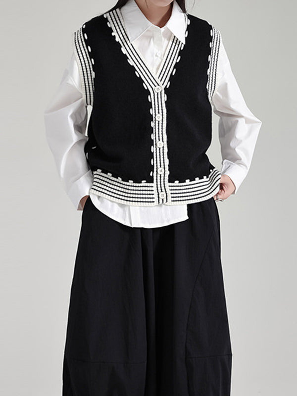 flowersverse Buttoned Contrast Color Loose Sleeveless V-Neck Vest Outerwear