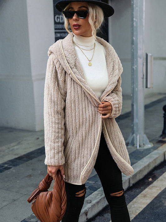 flowersverse Simple Long Sleeves Loose Solid Color Zipper Plush Hooded Outerwear