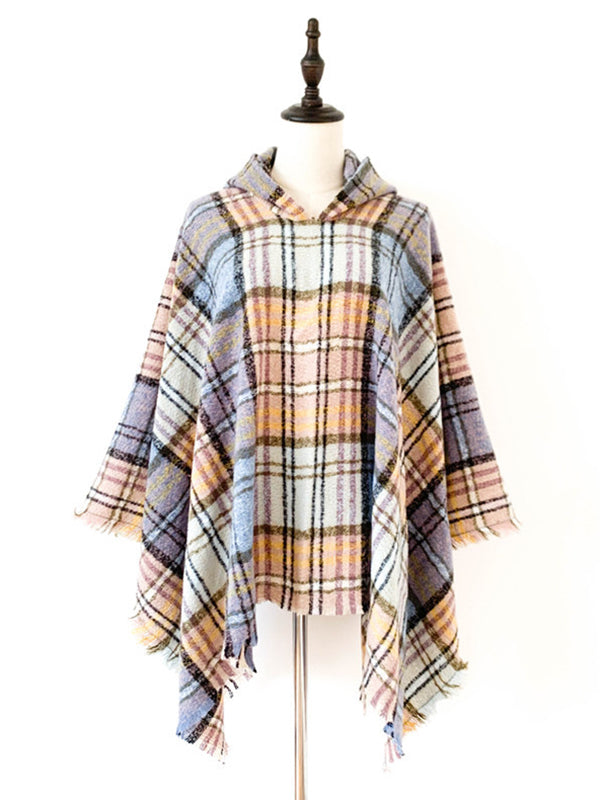 flowersverse Fringed Hooded Keep Warm Plaid Shawl&Cloak Cape