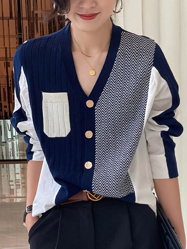 flowersverse Original Loose Irregular Split-Joint Buttoned V-Neck Long Sleeves Sweater Blouse