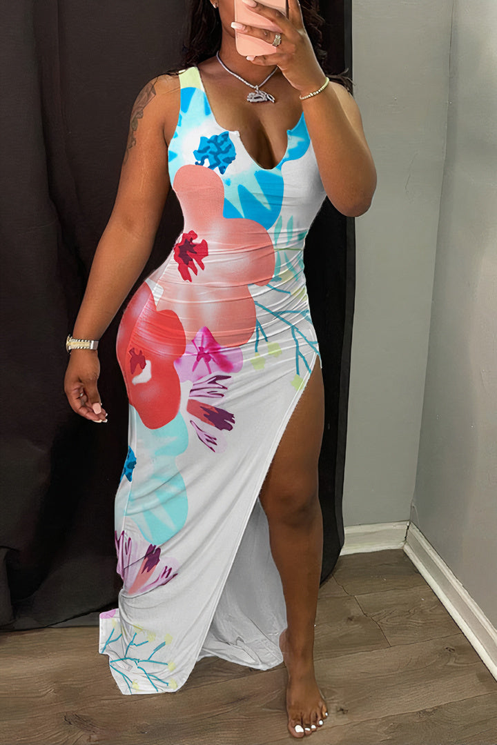 flowersverse Floral Print Split Thigh Notched Neck Maxi Dress