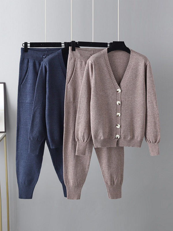 flowersverse Casual Loose Solid Color V-Neck Cardigan Tops & Harem Pants Two Pieces Set