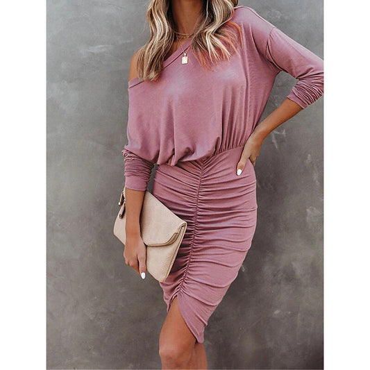 flowersverse Women's Work Dress Sheath Dress Semi Formal Dress Formal Mini Dress Ruched Crew Neck Long Sleeve Plain Loose Fit Black Pink Blue Fall Spring S M L XL XXL