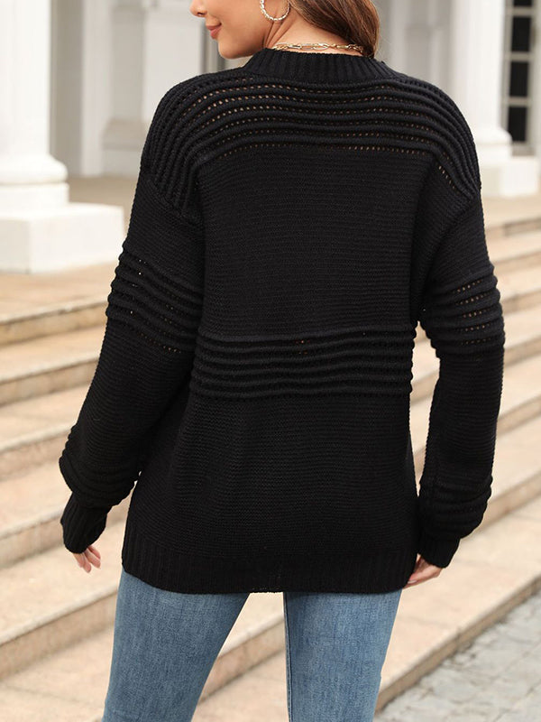 flowersverse Hollow Solid Color Long Sleeves Loose Round-Neck Sweater Tops Pullovers Knitwear