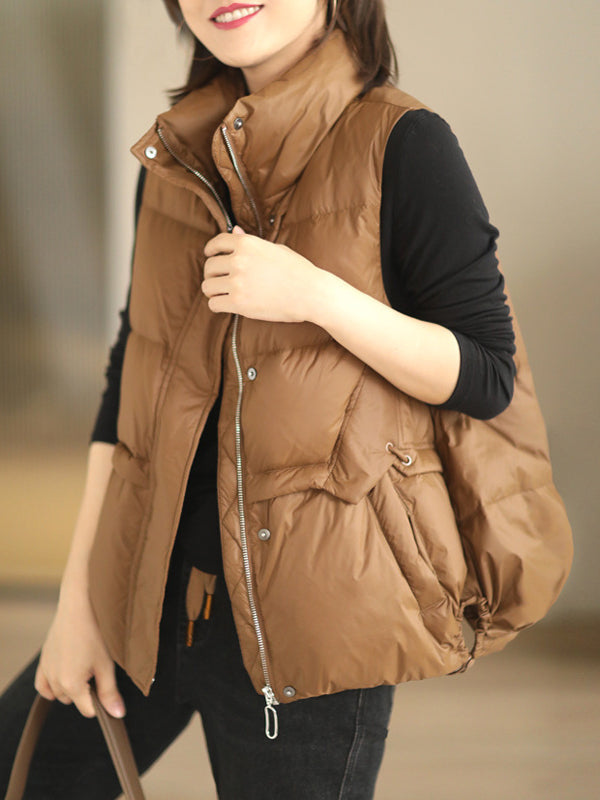 flowersverse Original Creation Loose Sleeveless Solid Color Zipper High-Neck Vest Outerwear