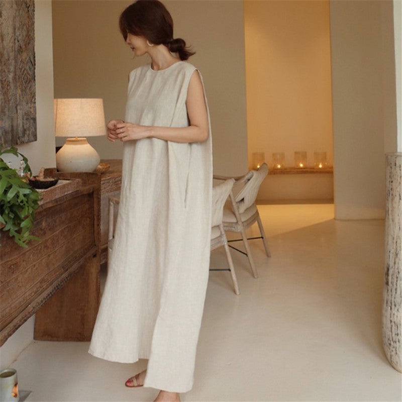flowersverse Loose Cotton Vest Dress New Round Neck Sleeveless Long Dress Linen