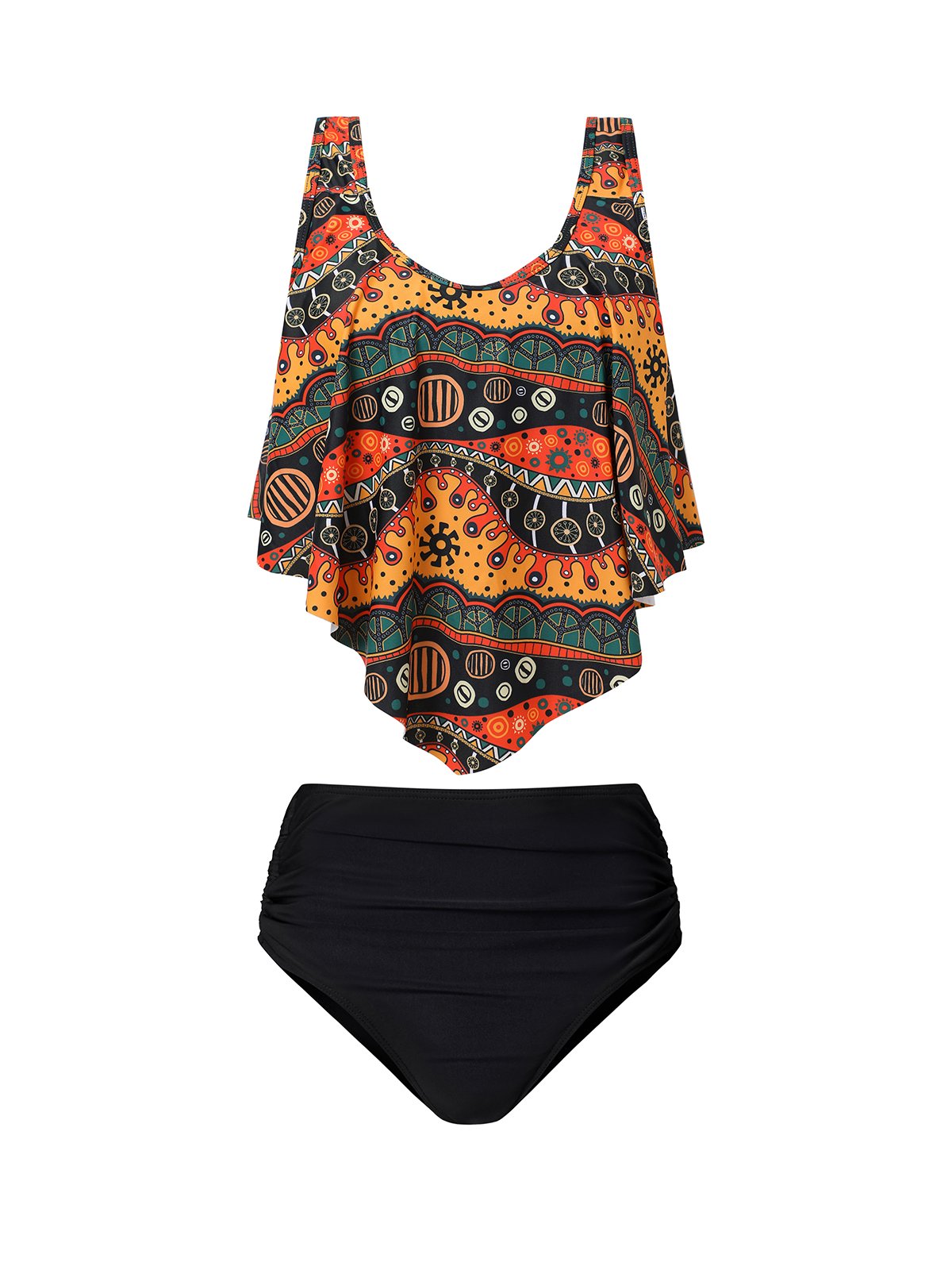 flowersverse Vacation Ethnic Printing Scoop Neck Tankinis Two-Piece Set