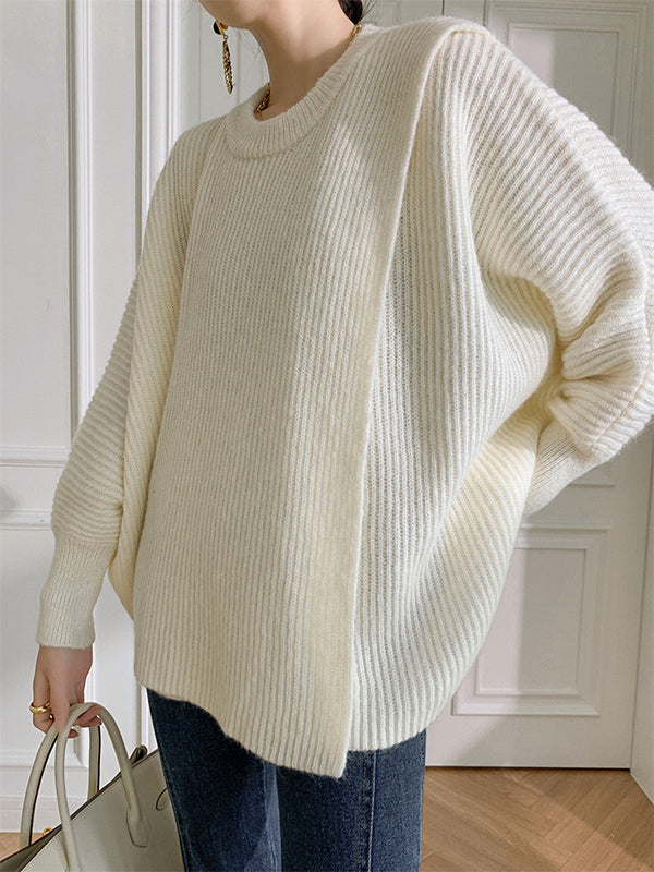 flowersverse Irregularity Loose Solid Color Batwing Sleeves Round-Neck Sweater Tops