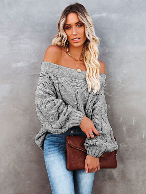flowersverse Vintage Long Sleeves Loose Solid Color Off-The-Shoulder Sweater Tops