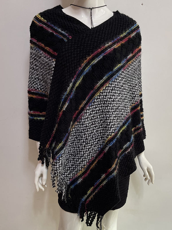 flowersverse Asymmetric Tasseled Loose V-Neck Shawl&Cloak Cape