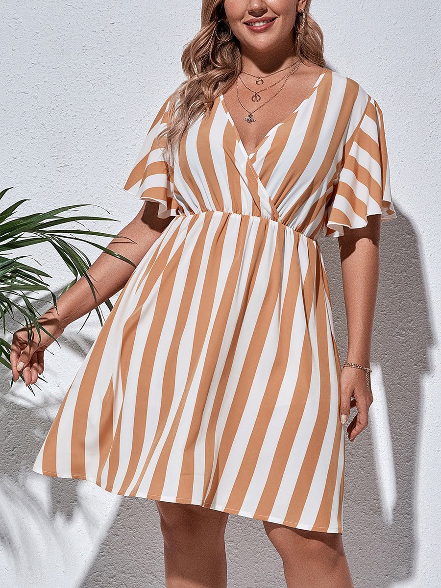flowersverse Holiday Short Sleeve V Neck A-line Weaving Dress