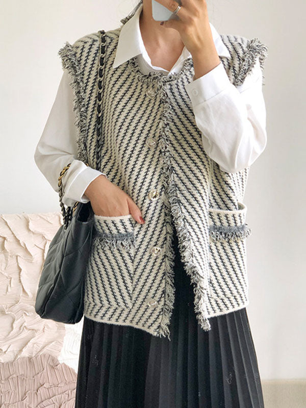 flowersverse Buttoned Fringed Pockets Striped Loose Sleeveless V-Neck Vest Outerwear