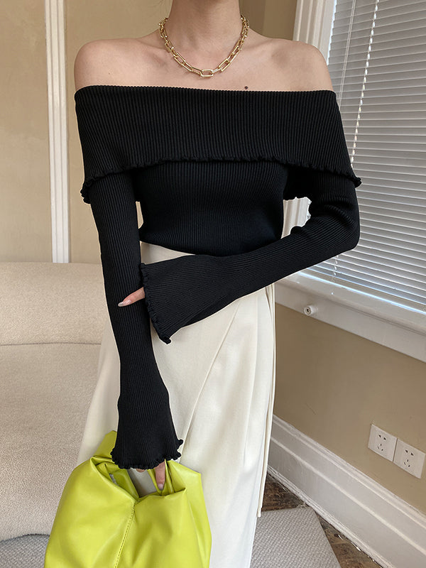 flowersverse Falbala Solid Color Long Sleeves Skinny Off-the-shoulder Sweater Tops