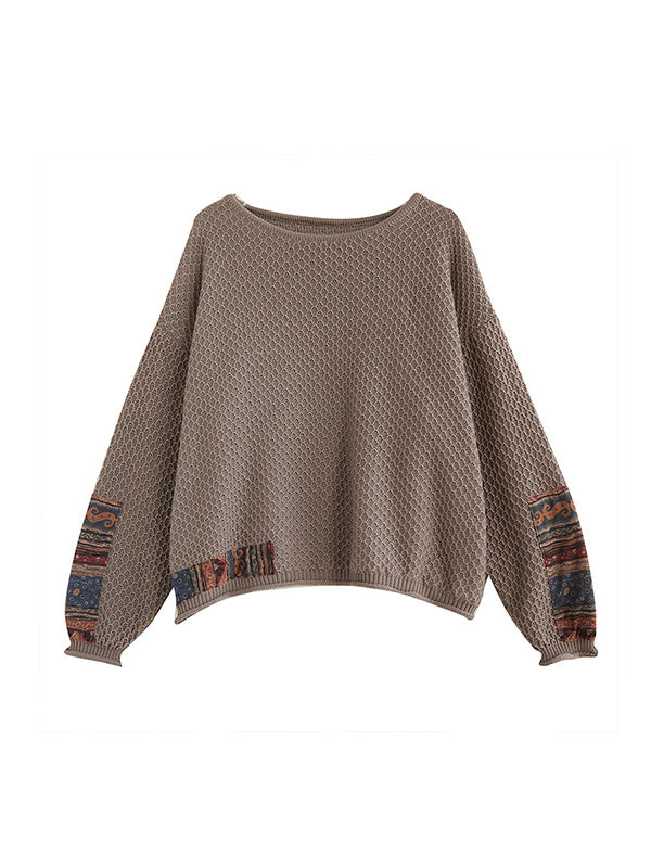 flowersverse Printed Split-Joint Long Sleeves Loose Round-Neck Sweater Tops Pullovers