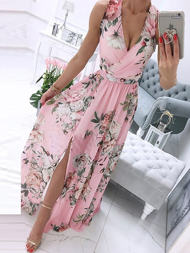 flowersverse Women's Swing Dress Maxi long Dress Blue White Pink Sleeveless Floral Print Split Print Spring Summer V Neck Elegant Vacation S M L XL XXL