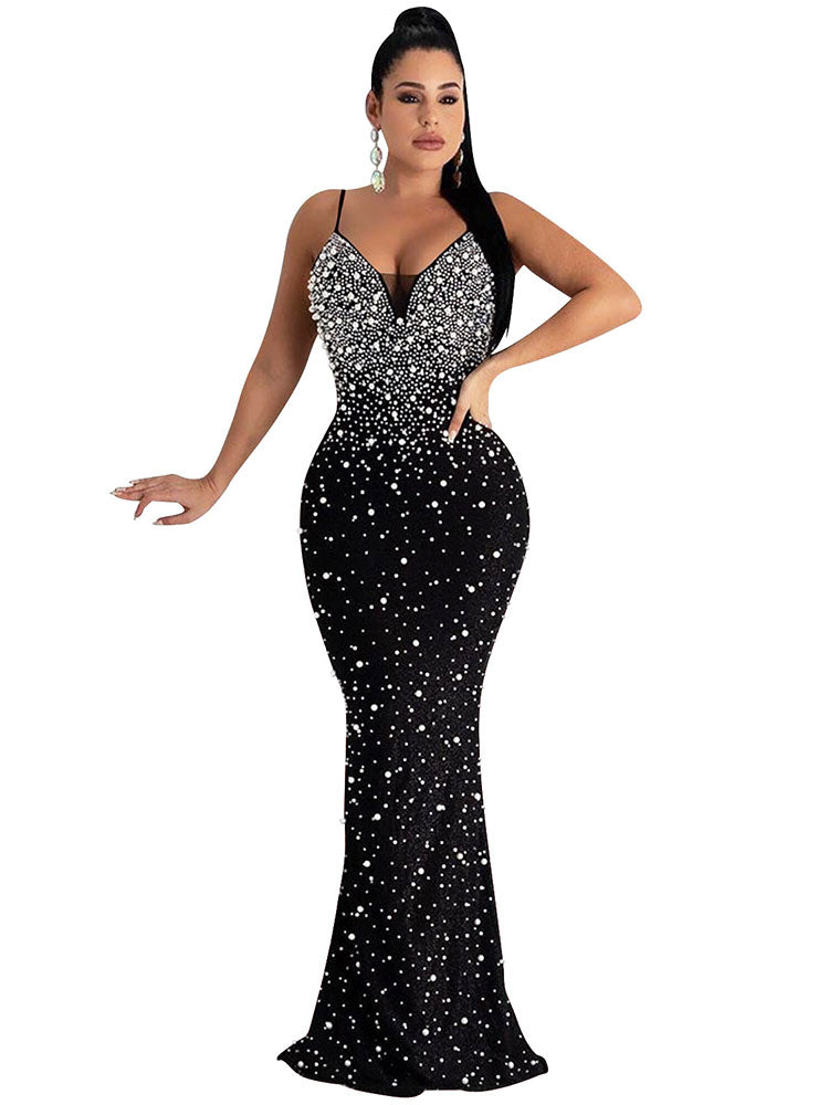 flowersverse Off Shoulder Backless Sequin Spaghetti Strap Bodycon Maxi Dresses