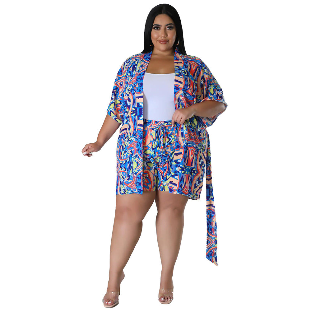 flowersverse Summer Plus Size Loose Print Blouse Lace-Up Shorts Multi-Color Two-Piece Set