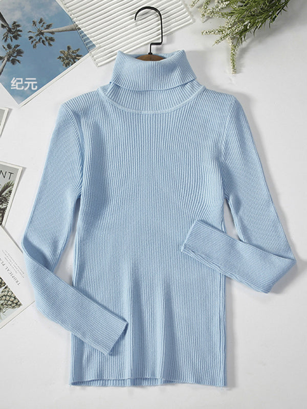 flowersverse Simple Skinny Solid Color High-Neck Sweater Tops