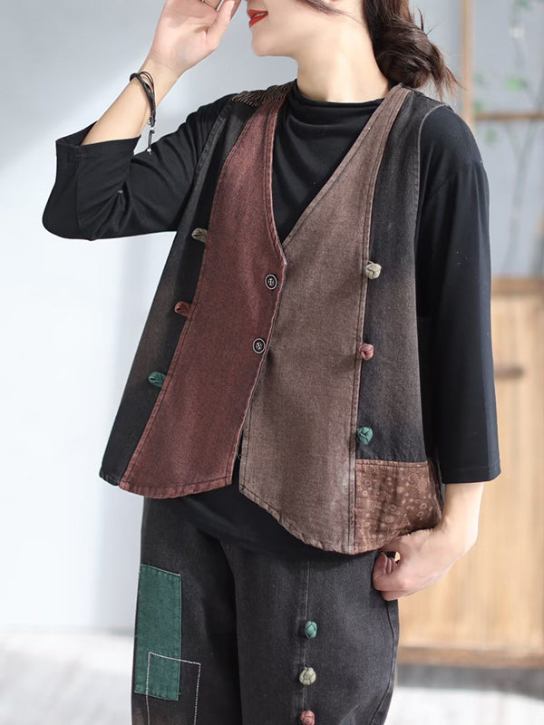 flowersverse Loose Split-Joint V-Neck Vest Top + Jean Harem Pants Bottoms Two Pieces Set