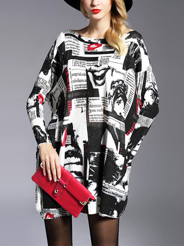 flowersverse Letter Print Printed Long Sleeves Loose Round-Neck Sweater Tops Pullovers Knitwear