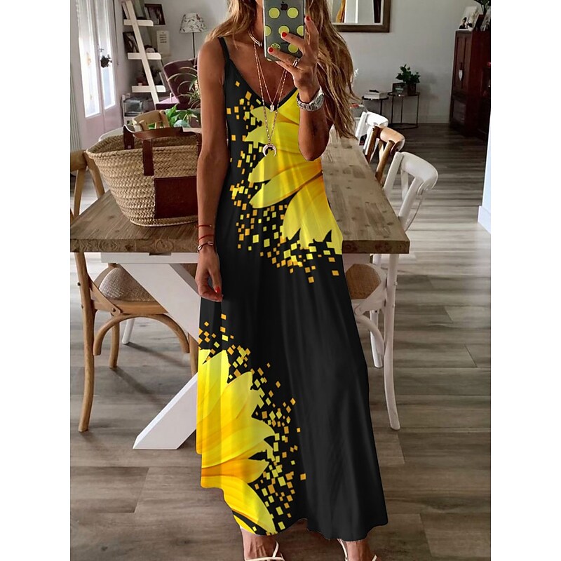 flowersverse Women's Long Dress Maxi Dress Casual Dress Swing Dress Graphic Casual Classic Vacation Beach Pocket Print Sleeveless Spaghetti Strap Dress Regular Fit Light Yellow Yellow Blue Spring Summer XS S M L