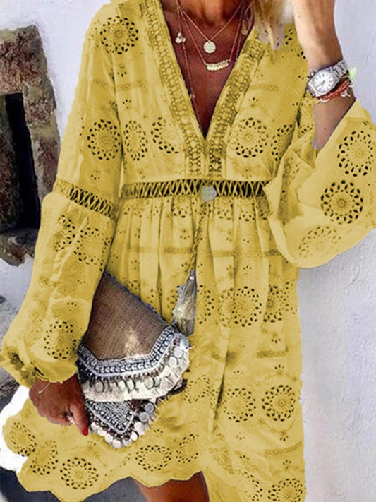 flowersverse Casual A-Line Cotton-Blend V Neck Skirts White Dresses