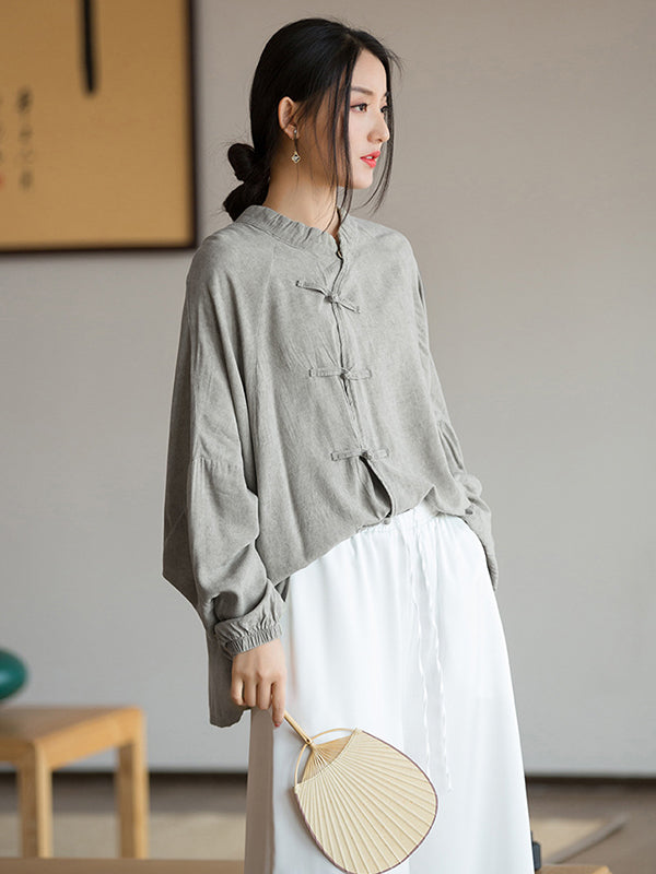 flowersverse Artistic Retro Loose Long Sleeves Buttoned Solid Color Stand Collar Blouses&Shirts Tops