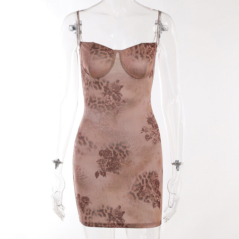 flowersverse Straps Mesh Print Slim Sexy Bodycon Dress