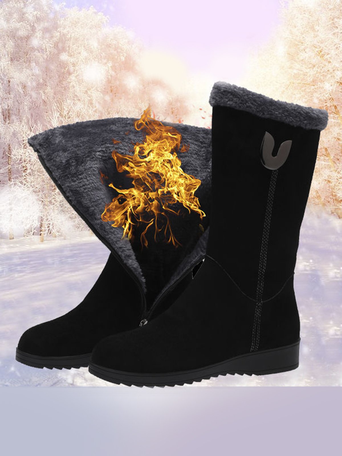 flowersverse Vintage Soft Faux Suede Warm Plush Zip-Up Boots