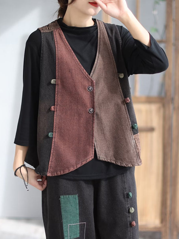 flowersverse Loose Split-Joint V-Neck Vest Top + Jean Harem Pants Bottoms Two Pieces Set