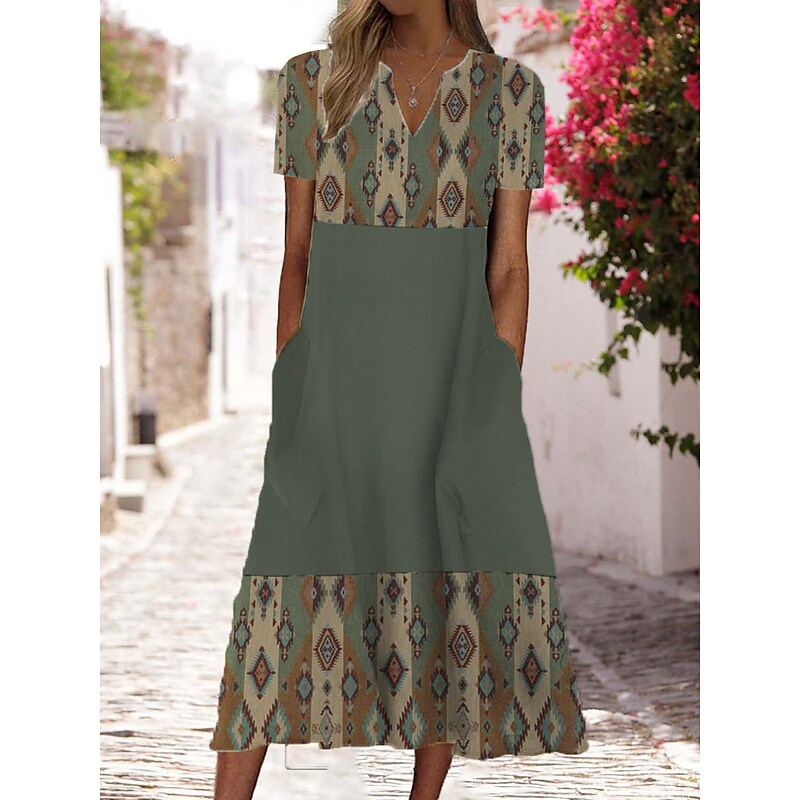 flowersverse Women's Casual Dress Shift Dress Swing Dress Floral Tribal Pocket Print V Neck Midi Dress Ethnic Tribal Outdoor Vacation Short Sleeve Regular Fit Brown Green Spring Summer S M L XL XXL