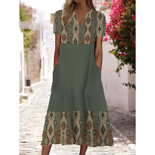 flowersverse Women's Casual Dress Shift Dress Swing Dress Floral Tribal Pocket Print V Neck Midi Dress Ethnic Tribal Outdoor Vacation Short Sleeve Regular Fit Brown Green Spring Summer S M L XL XXL