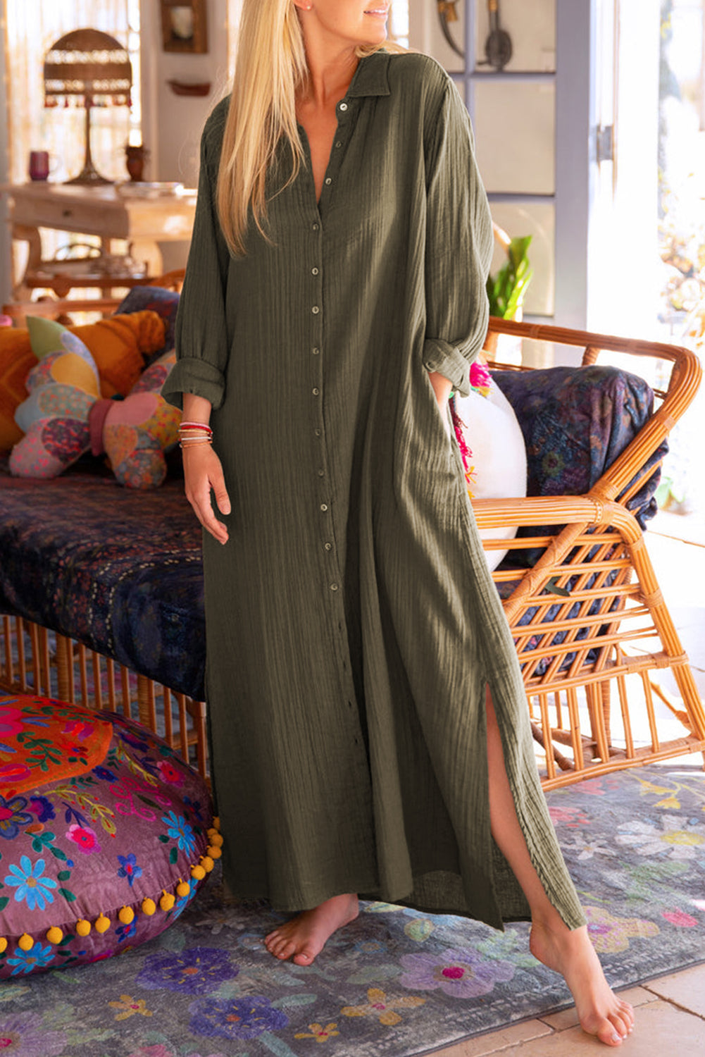 flowersverse Autumn Breeze Green Crinkle Button Up Casual Split Shirt Maxi Dress