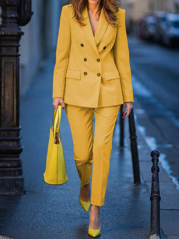 flowersverse Notched Collar Long Sleeves Loose Buttoned Outerwear Top + Pants Bottom Two Pieces Set