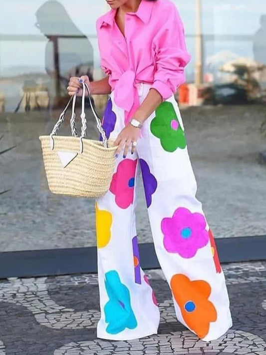 flowersverse High Waisted Wide Leg Floral Printed Multi-Colored Casual Pants Bottoms Trousers