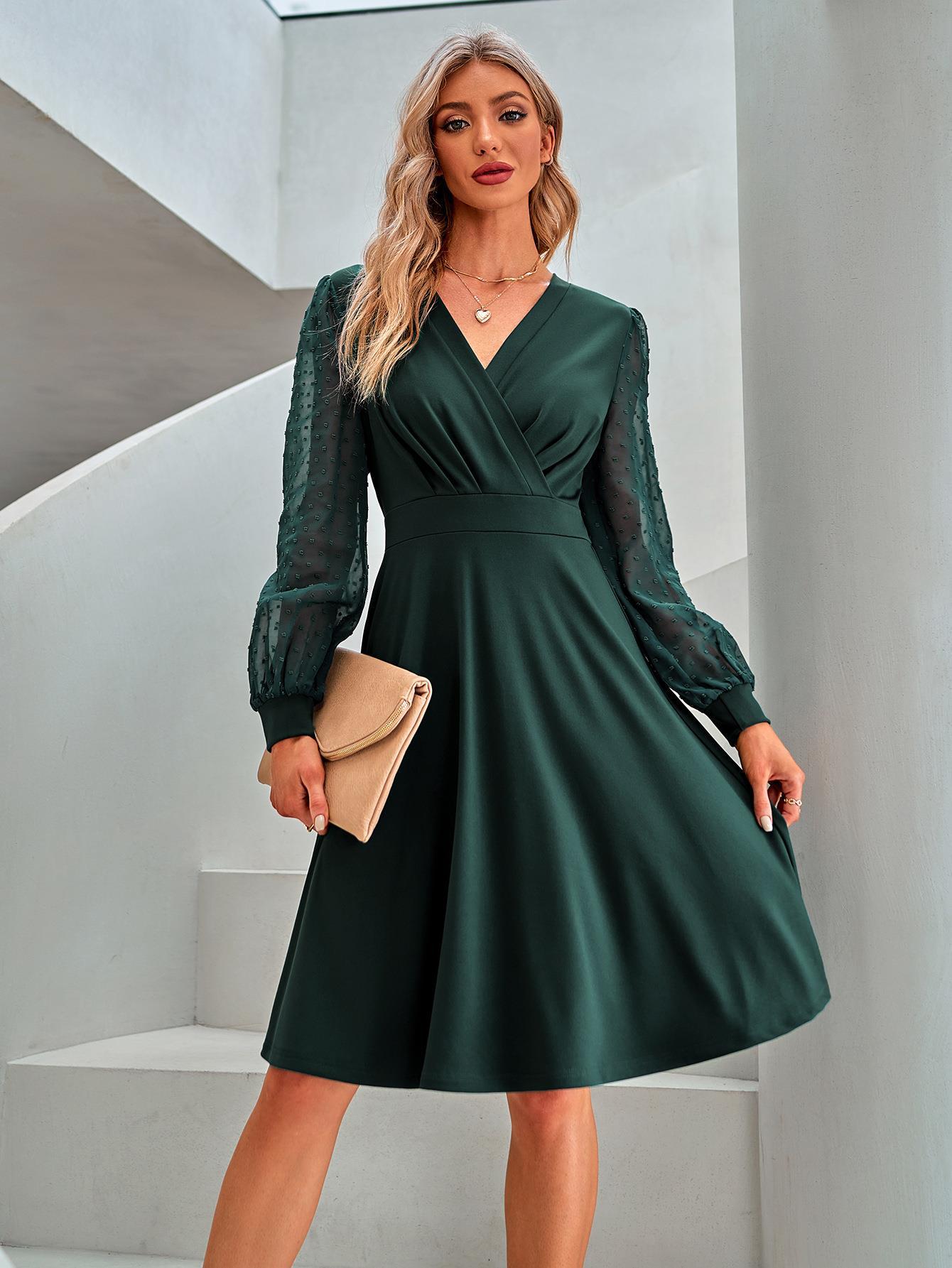 flowersverse Women's Casual Jacquard V-neck Solid Color Dress