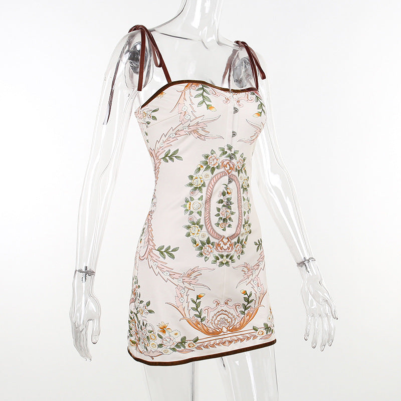 flowersverse Sling bowknot vintage Bodycon Dress summer printed dress for women