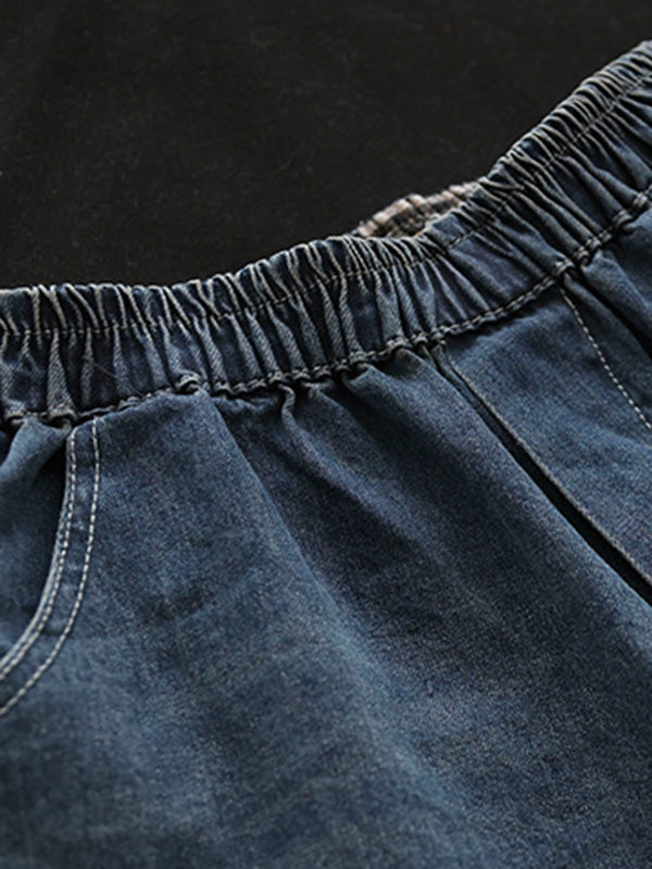 flowersverse Vintage Loose Embroidered Elasticity Harem Jean Pants Bottoms