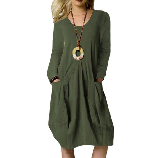 flowersverse Women's Cotton Linen Loose Temperament Commute Casual Solid Color Pocket Dress