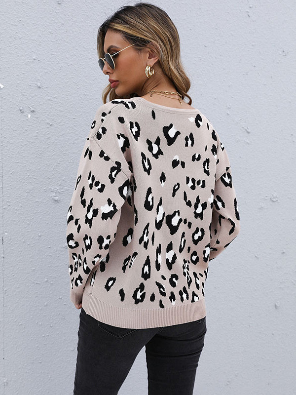 flowersverse Casual Loose Leopard Round-Neck Sweater Top