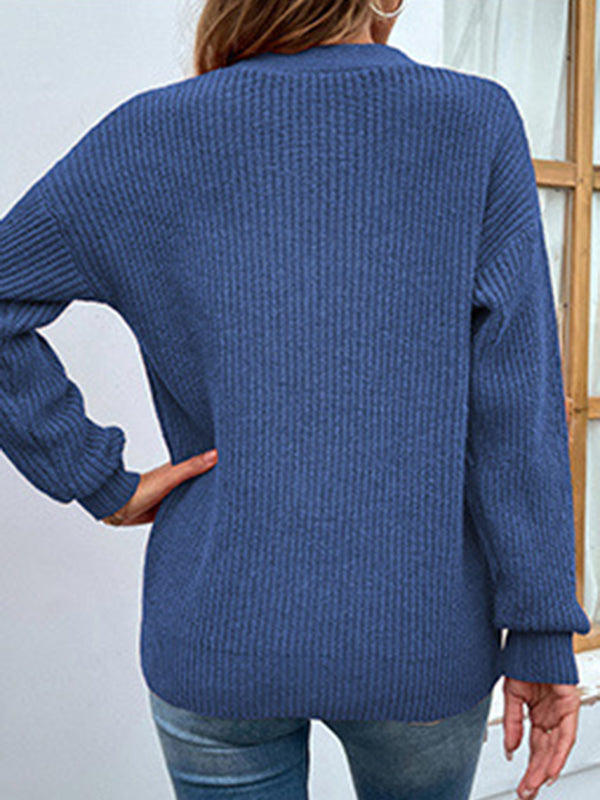 flowersverse Stylish Loose Solid Color V-Neck Sweater Tops